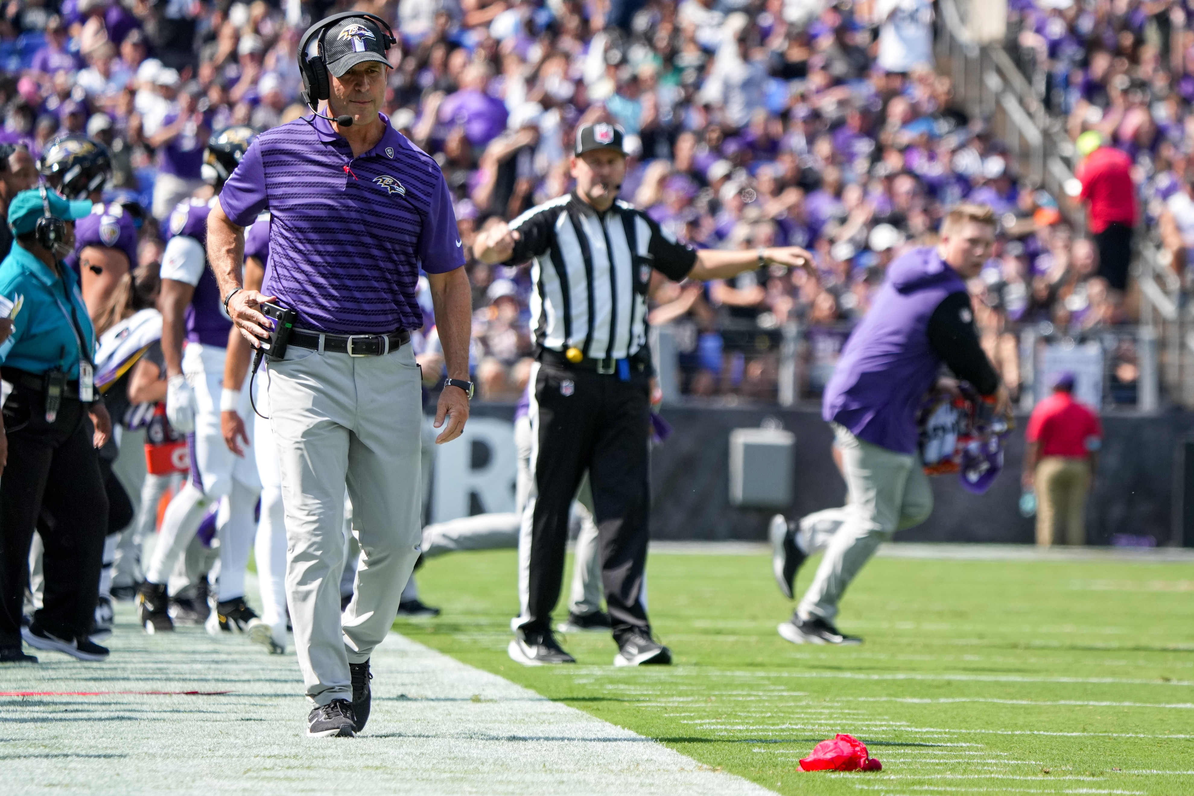 Ravens head coach John Harbaugh went 0-for-2 when he threw the challenge flag Sunday.