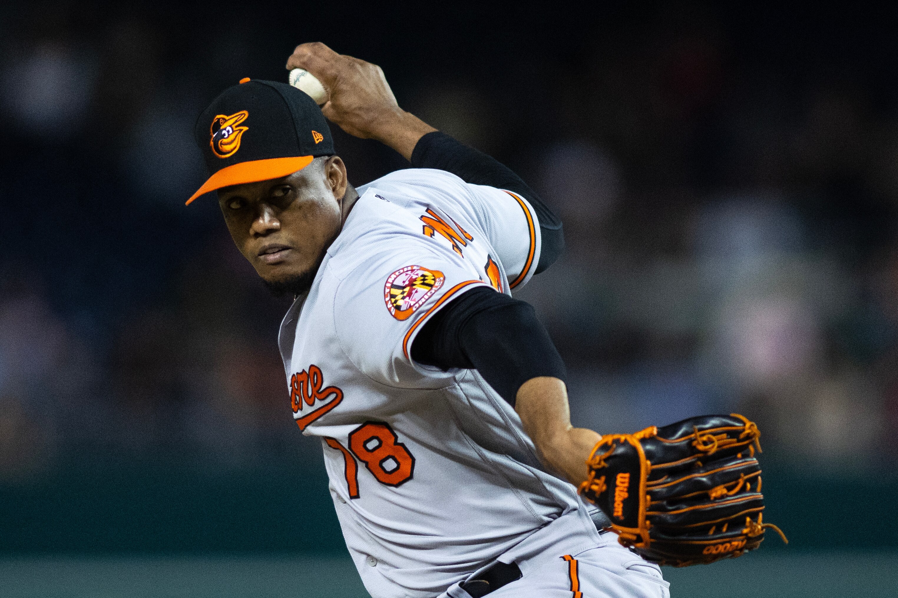 Baltimore Orioles relief pitcher Yennier Cano (78) throws a pitch during a regular season game between the Baltimore Orioles and Washington Nationals at Nationals Park in Washington, D.C., on Tuesday, April 18, 2023. Baltimore defeated the Nationals 1-0.