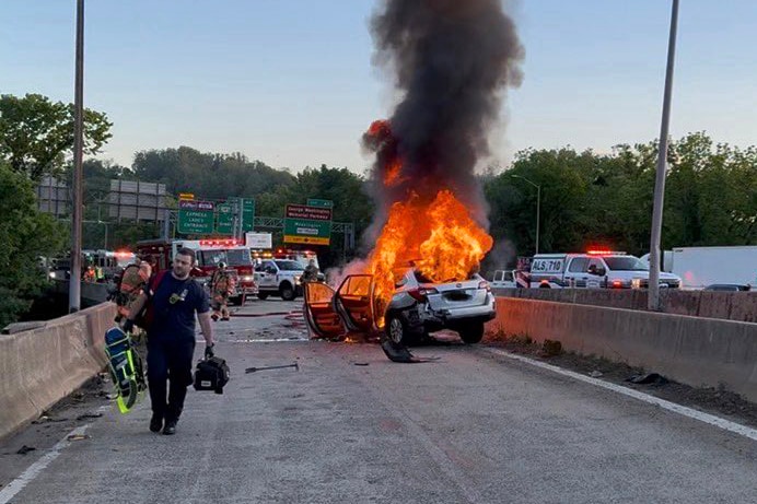 Locals helped rescue a teenager from a burning car on the Capital Beltway in Montgomery County.
