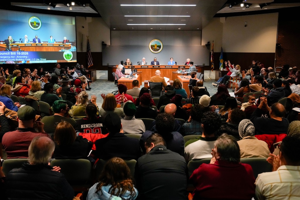 The Howard County Council listens as constituents give testimony during a public hearing at the George Howard Building in Ellicott City, Md., on Wednesday, February 4, 2026. The hearing was meant to record public testimony on an emergency legislation aiming to block private immigrant detention centers in the jurisdiction.