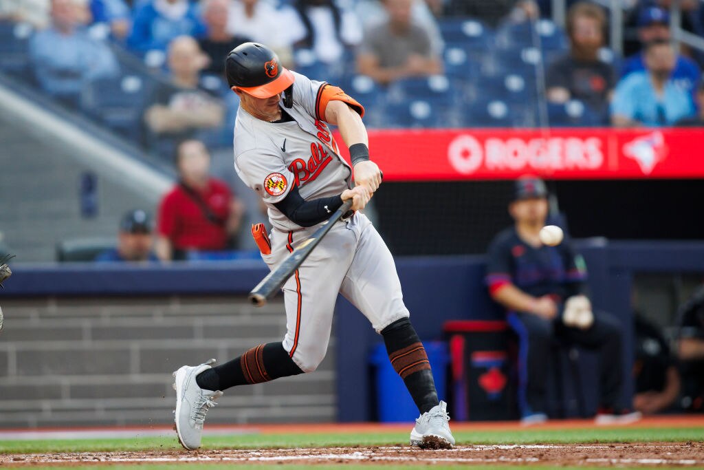Austin Hays, #21 of the Baltimore Orioles, hits a two-run home run in the fourth inning of the game against the Toronto Blue Jays at Rogers Centre on June 3, 2024 in Toronto, Ontario, Canada. (Photo by Cole Burston/Getty Images)
