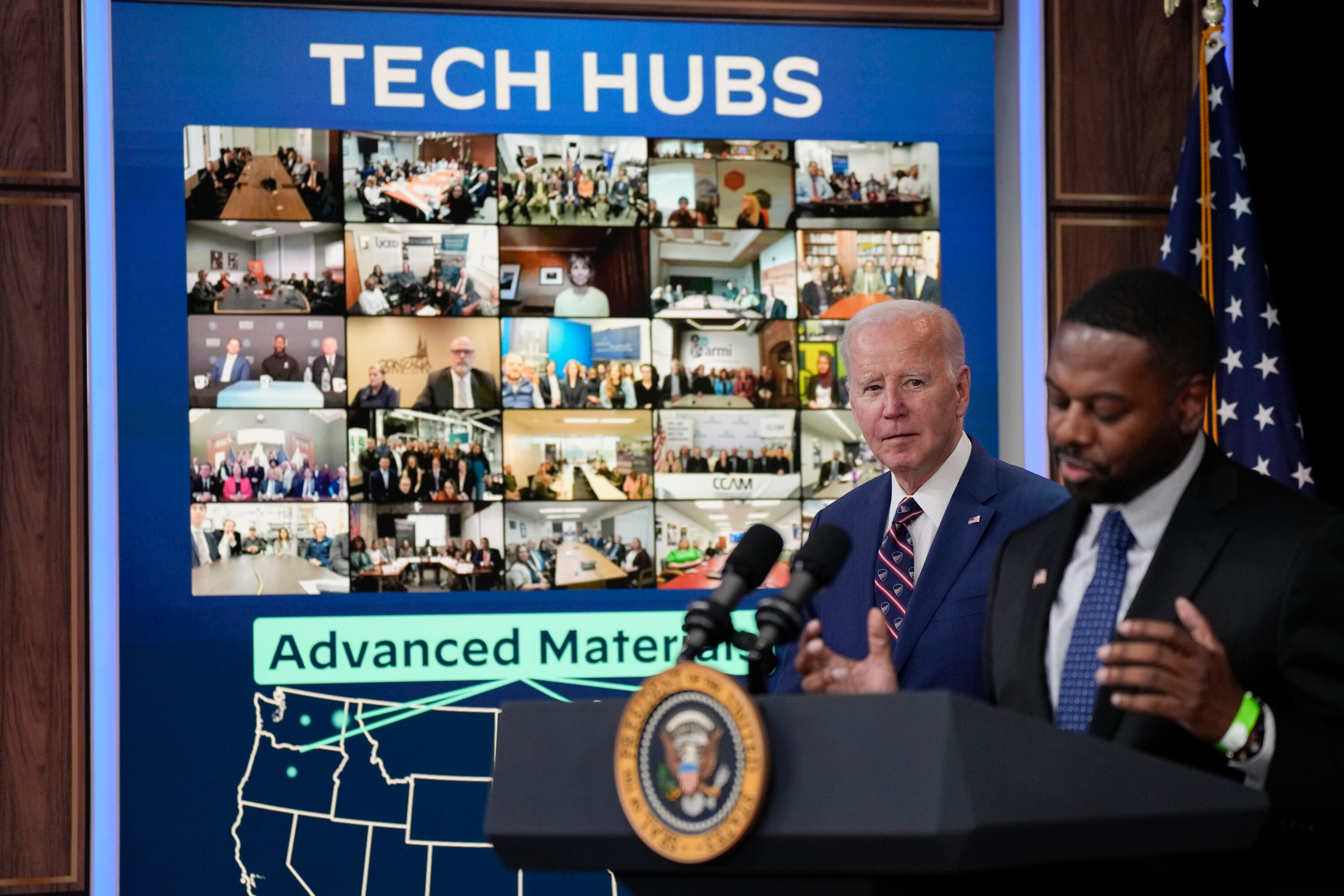 President Joe Biden listens as Mark Anthony Thomas, President and CEO of the Greater Baltimore Committee, speaks during an event on the economy. The Greater Baltimore Tech Hub Consortium was one of 31 communities across the country to receive the federal designation last year as a “Tech Hub.”