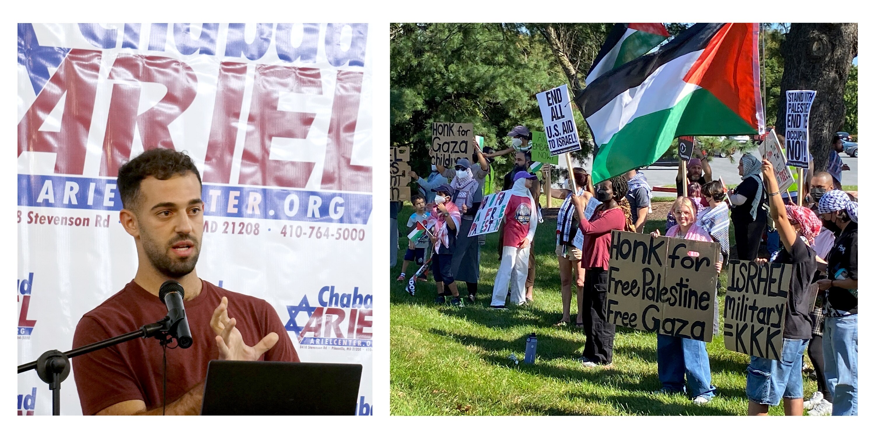 At left, Matan Boltax, who was at the Nova music festival when Hamas launched its attack on Oct. 7, 2023, shared his story with people at the ARIEL Chabad Center in Pikesville. At right, people gather with signs at a rally Sunday afternoon in Columbia, Md., in support of Palestine.