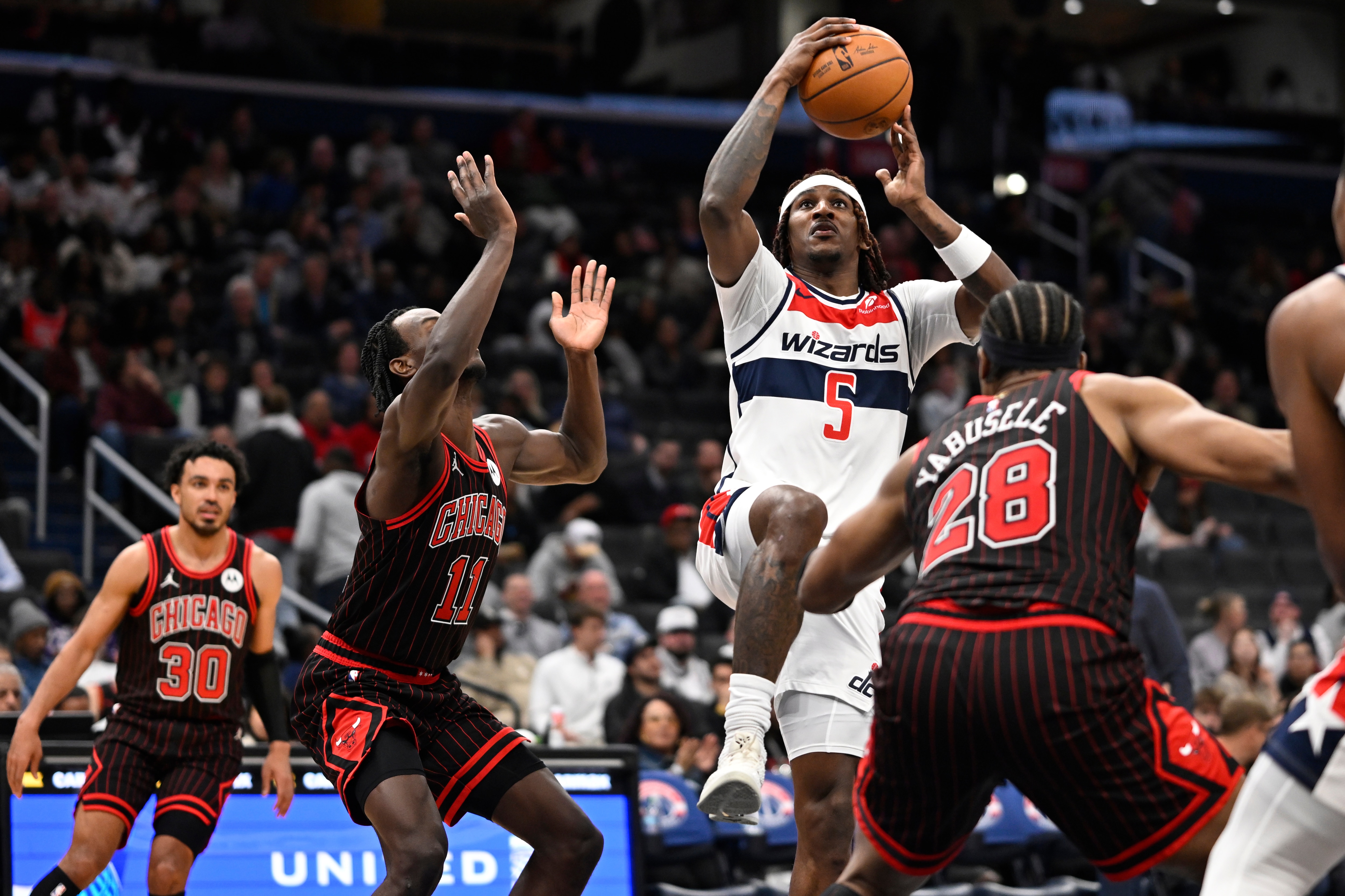 Washington Wizards guard Jamir Watkins goes to shoot during the second half  against the Chicago Bulls.