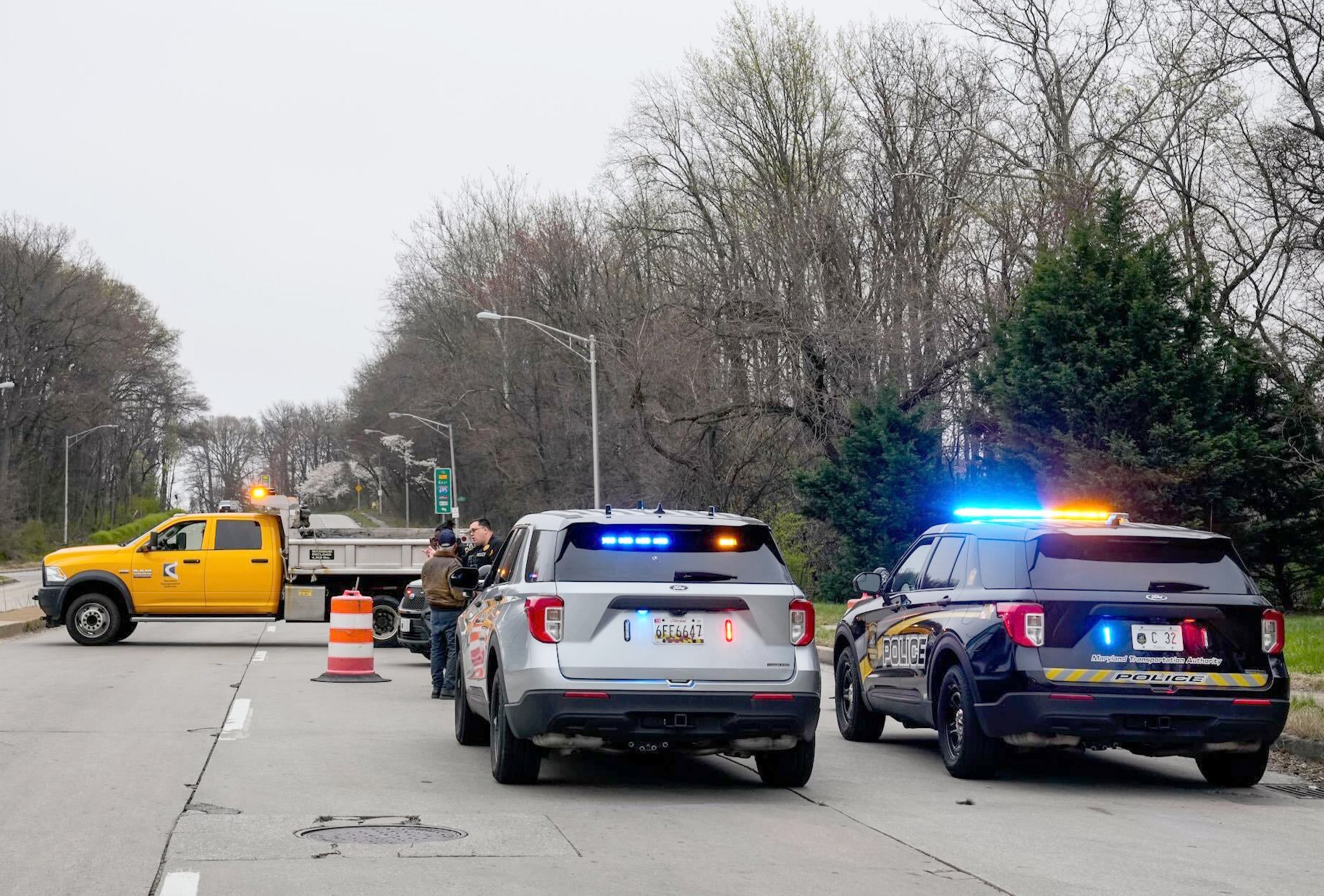 Police block Fort Armistead Road toward the Key Bridge on Wednesday, March 27, 2024.