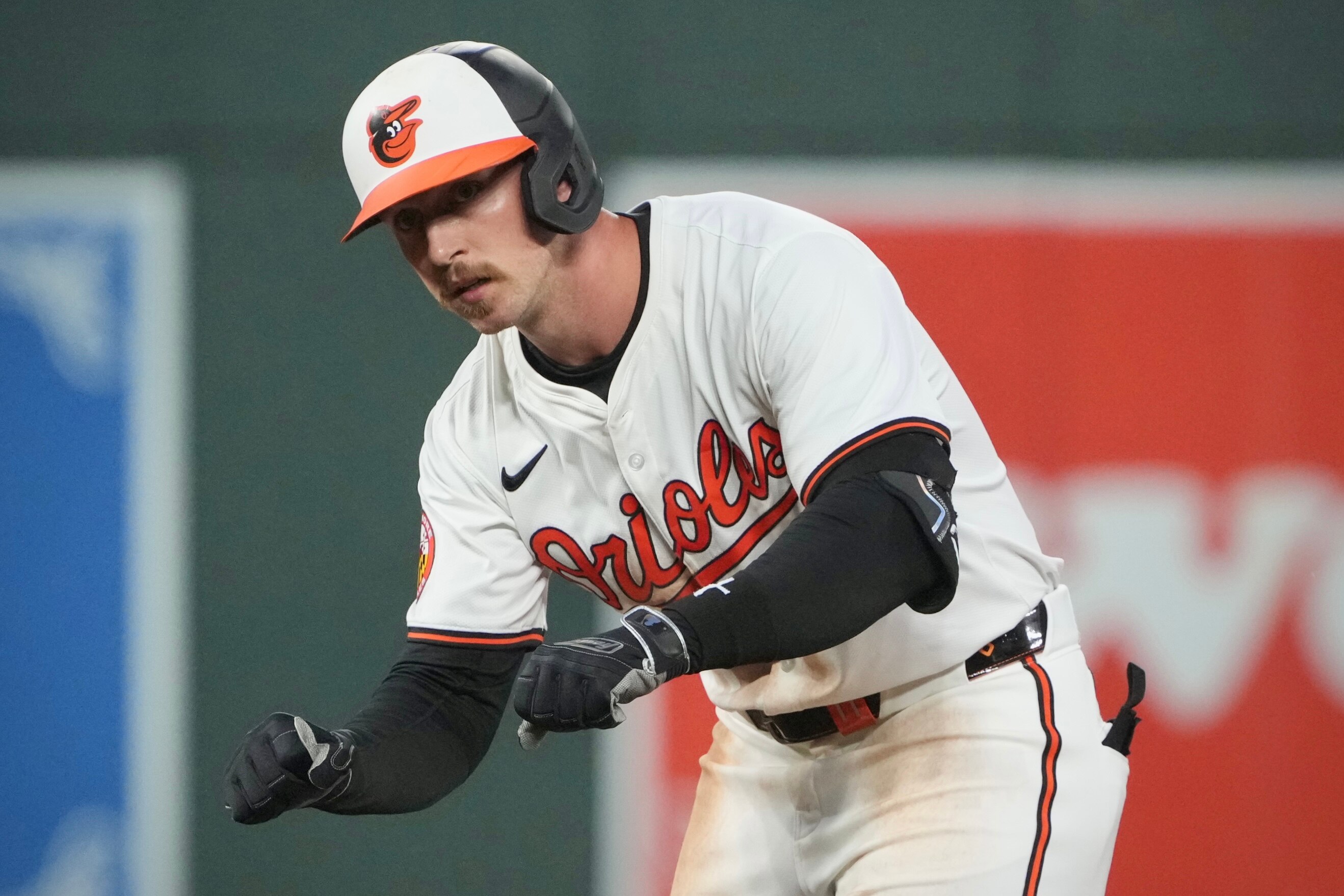 Baltimore Orioles second baseman Jordan Westburg (11) “revs the engine” at second base against the Kansas City Royals at Camden Yards on April 2, 2024.