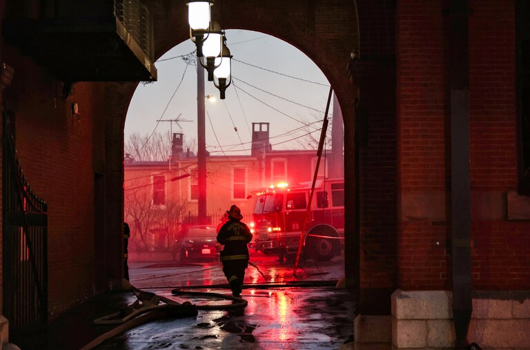 Baltimore Fire Department crews respond to a fire at West 34th Street and Keswick Road in Baltimore's Hampden neighborhood on Monday, November 10, 2025.