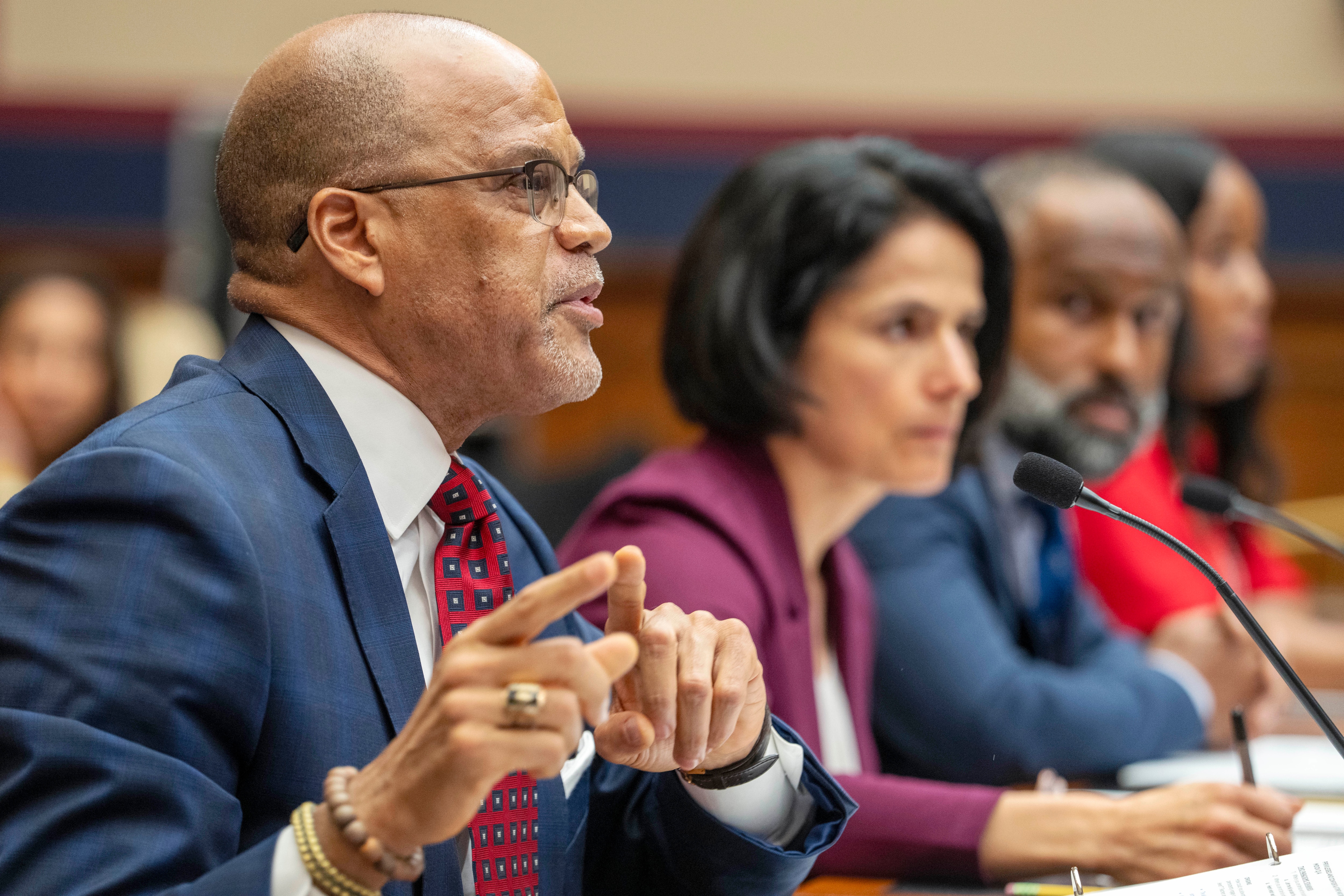 From left, David Banks, chancellor of New York Public schools, speaks next to Karla Silvestre, president of the Montgomery County Board of Education, Emerson Sykes, staff attorney with the ACLU, and Enikia Ford Morthel, superintendent of the Berkeley United School District, during a hearing on antisemitism in K-12 public schools, at the House Subcommittee on Early Childhood, Elementary, and Secondary Education, Wednesday, May 8, 2024, on Capitol Hill in Washington.