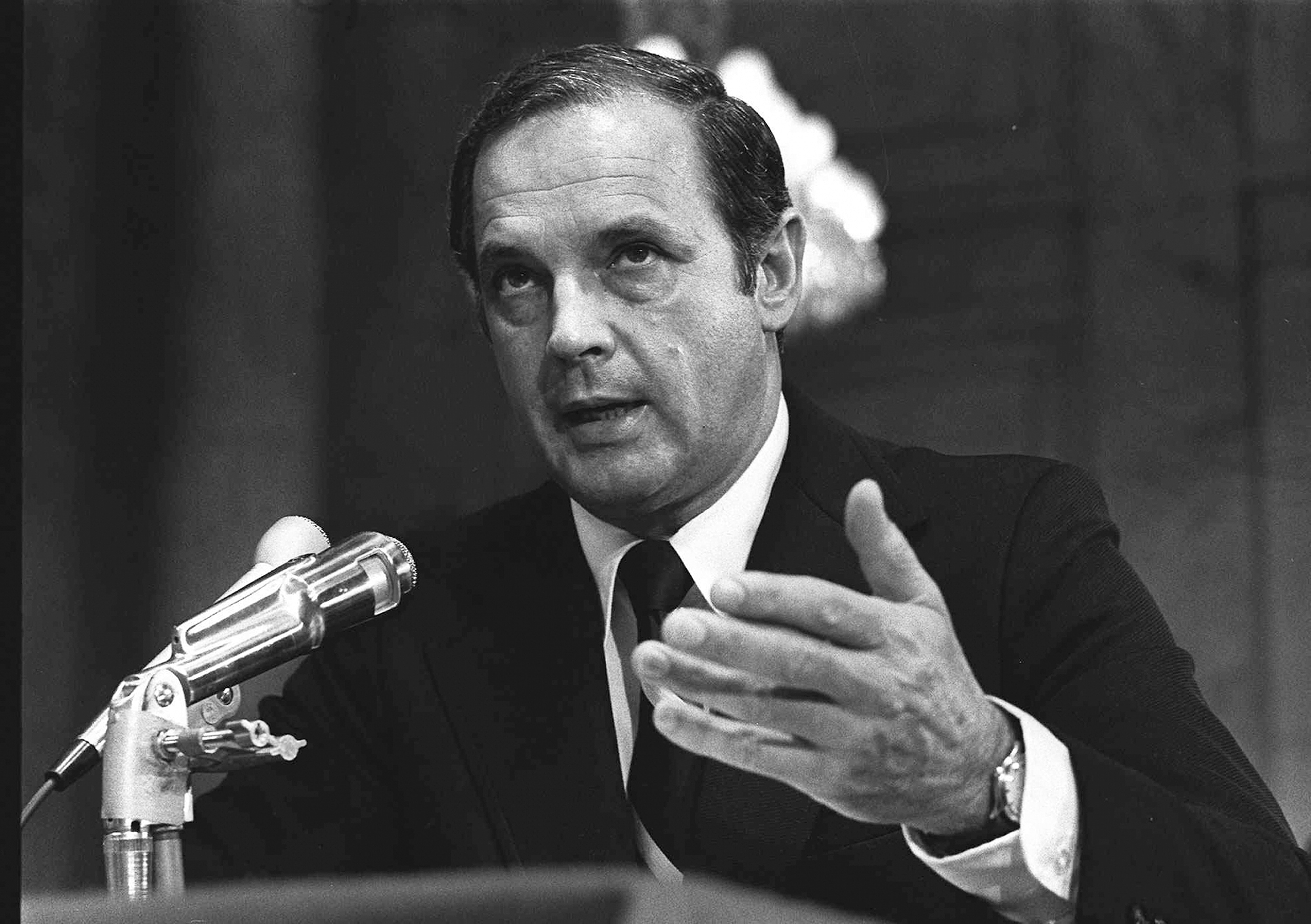 FILE - Alexander Butterfield, testifies, July 16, 1973 before the Senate Watergate Committee. Butterfield, the White House aide who inadvertently hastened Richard Nixon’s resignation over the Watergate scandal when he revealed that the president had bugged the Oval Office and Cabinet Room and routinely recorded his conversations, has died. He was 99.