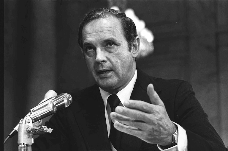 FILE - Alexander Butterfield, testifies, July 16, 1973 before the Senate Watergate Committee. Butterfield, the White House aide who inadvertently hastened Richard Nixon’s resignation over the Watergate scandal when he revealed that the president had bugged the Oval Office and Cabinet Room and routinely recorded his conversations, has died. He was 99.