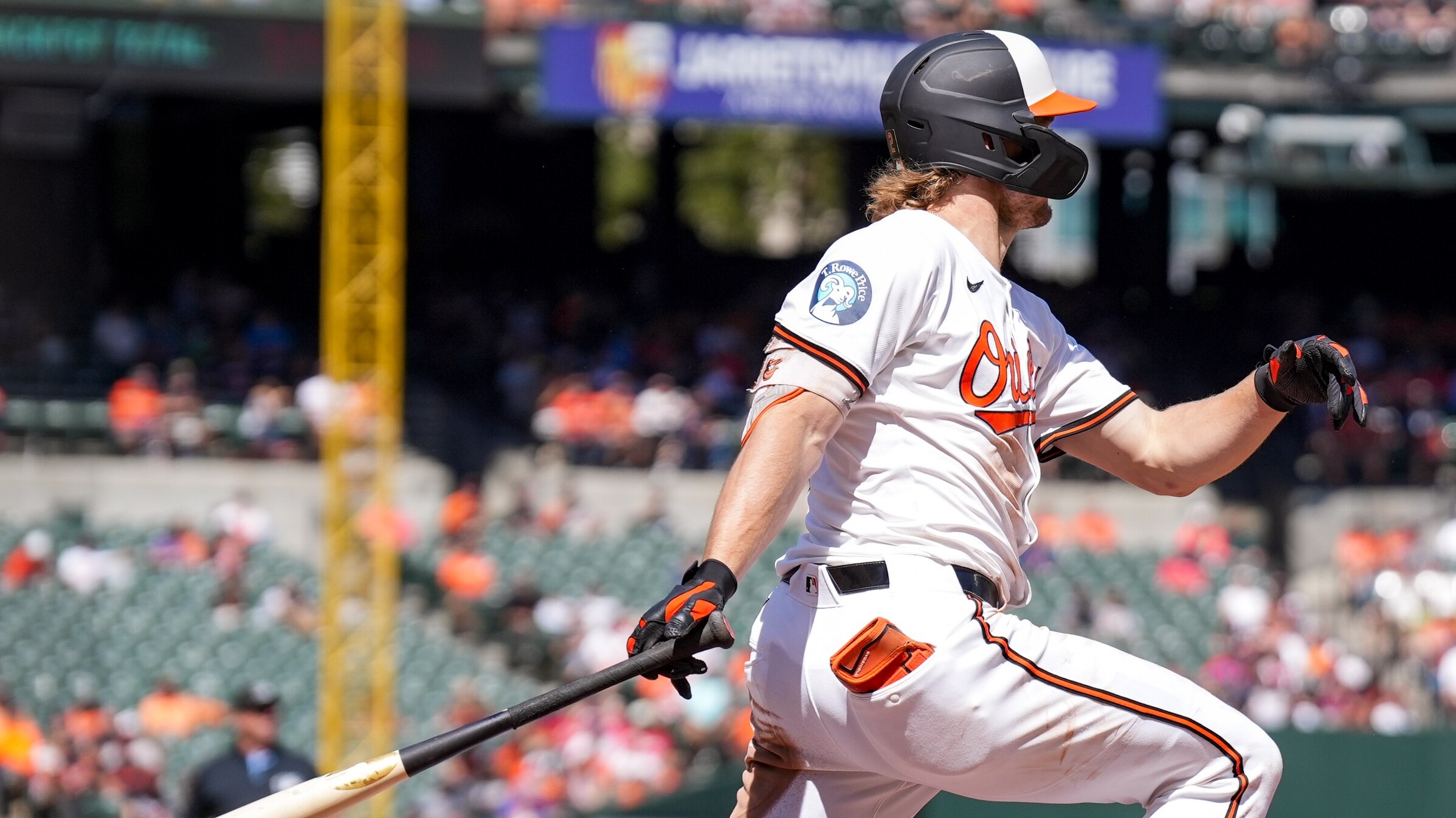 Baltimore Orioles shortstop Gunnar Henderson (2) connects with a pitch during a game against the Tampa Bay Rays at Camden Yards in Baltimore on September 8, 2024.