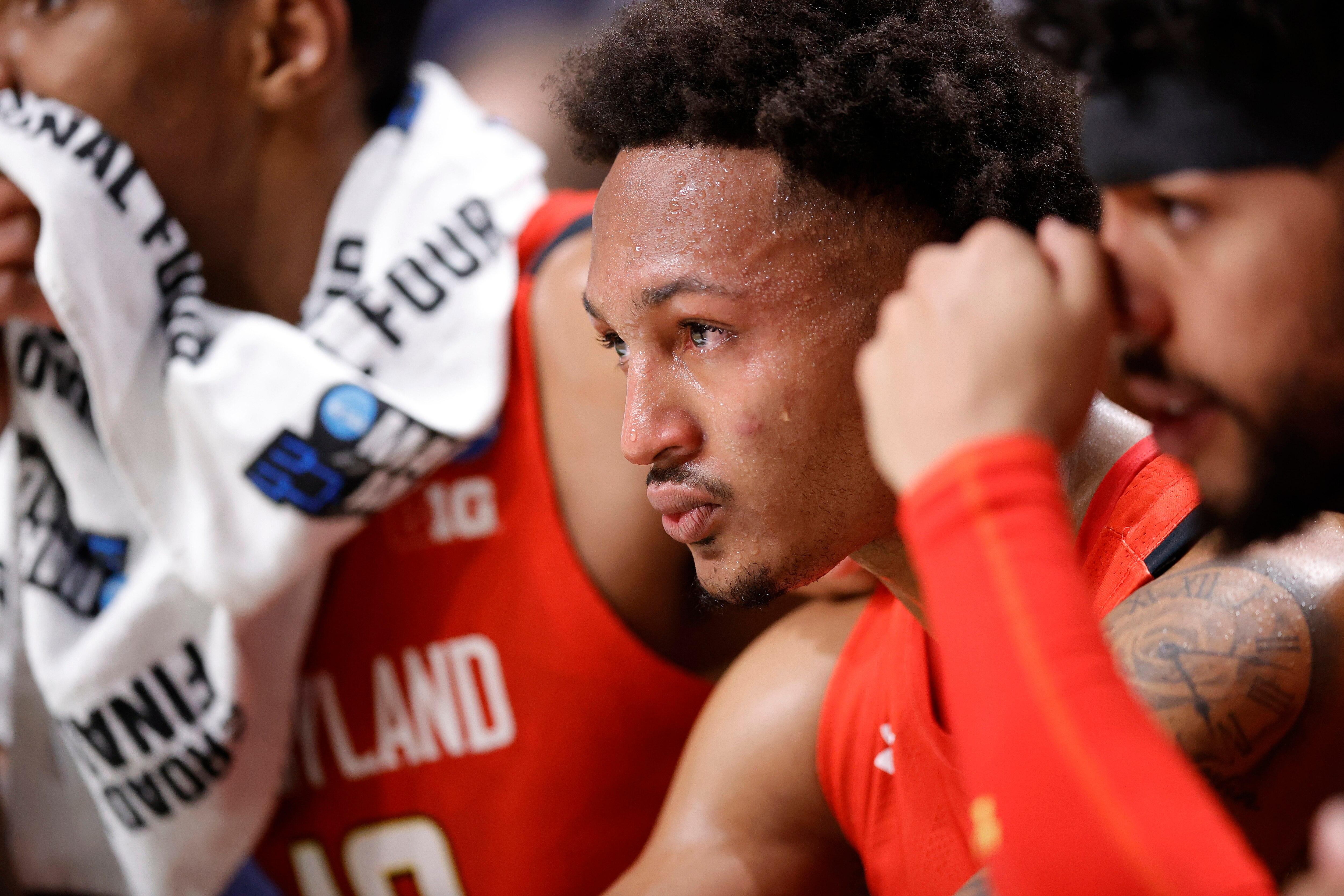 Jahmir Young #1 of the Maryland Terrapins reacts from the bench late during the second half against the Alabama Crimson Tide in the second round of the NCAA Men's Basketball Tournament at Legacy Arena at the BJCC on March 18, 2023 in Birmingham, Alabama.