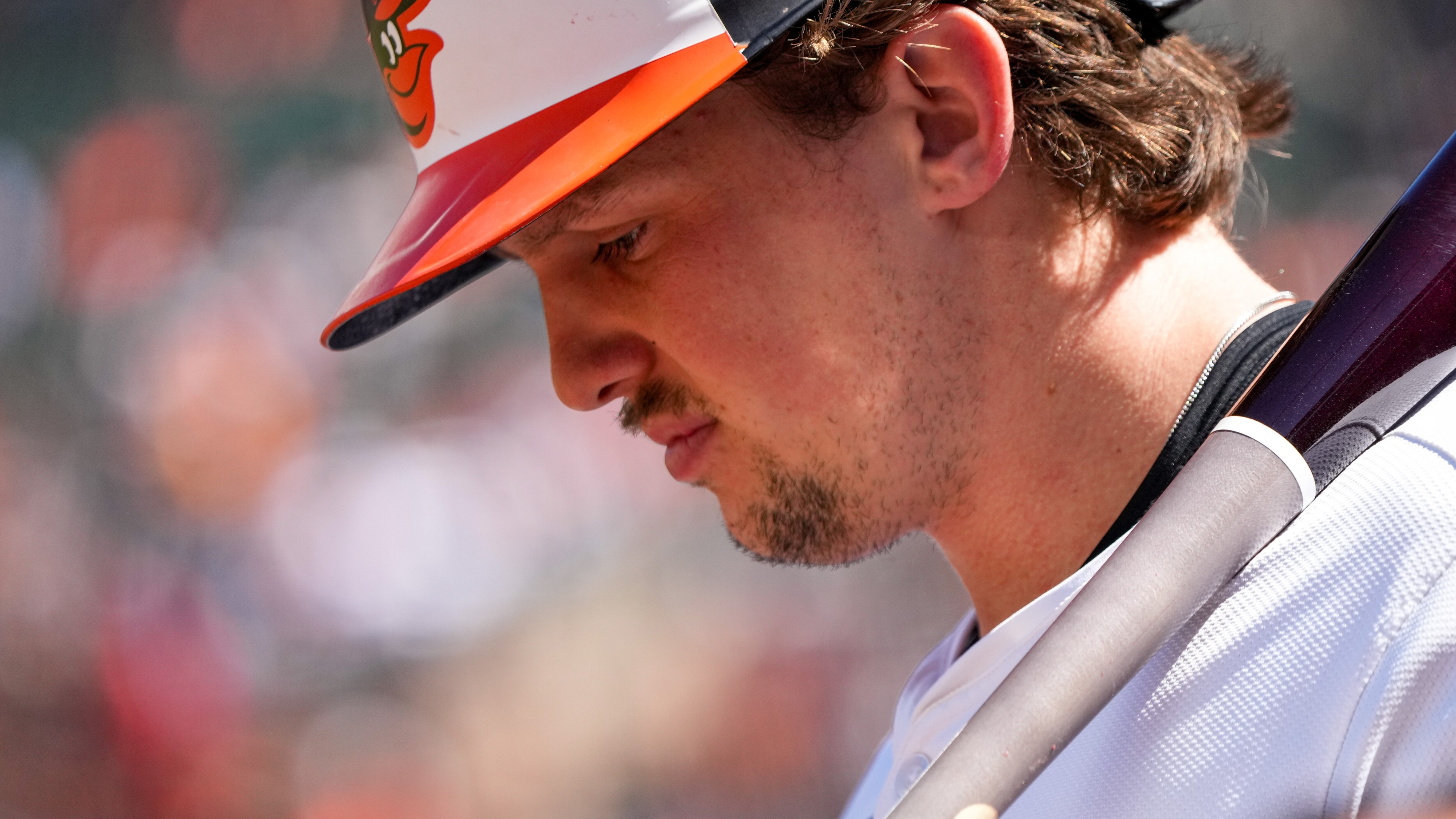 Baltimore Orioles catcher Adley Rutschman (35) prepares for his at-bat during a game against the Tampa Bay Rays at Camden Yards in Baltimore on September 8, 2024.