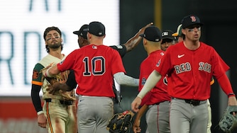 Baltimore Orioles' Blaze Alexander, left, yells at Boston Red Sox second baseman Nick Sogard, right, as benches clear during the eighth inning of a baseball game, Friday, Sept. 4, 2026, in Baltimore. (AP Photo/Stephanie Scarbrough)