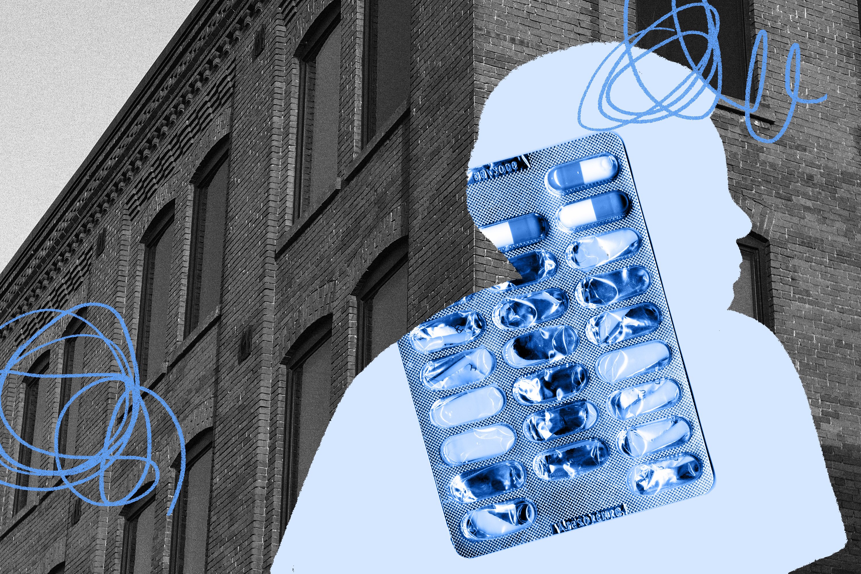 Photo collage showing brick office building, with medication blister pack floating over a boy’s silhouette.