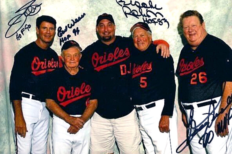 Robert Popik with Orioles greats. From left, retired player Jim Palmer, retired manager Earl Weaver, Robert Popik, retired player Brooks Robinson and retired player Boog Powell.