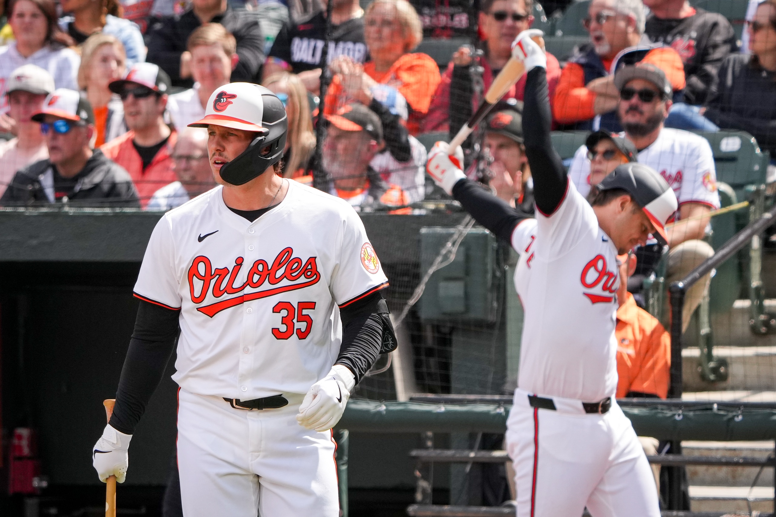 Orioles catcher Adley Rutschman strides to the plate as the Camden Yards crowd hears “Self-Made" by Bryson Tiller.”