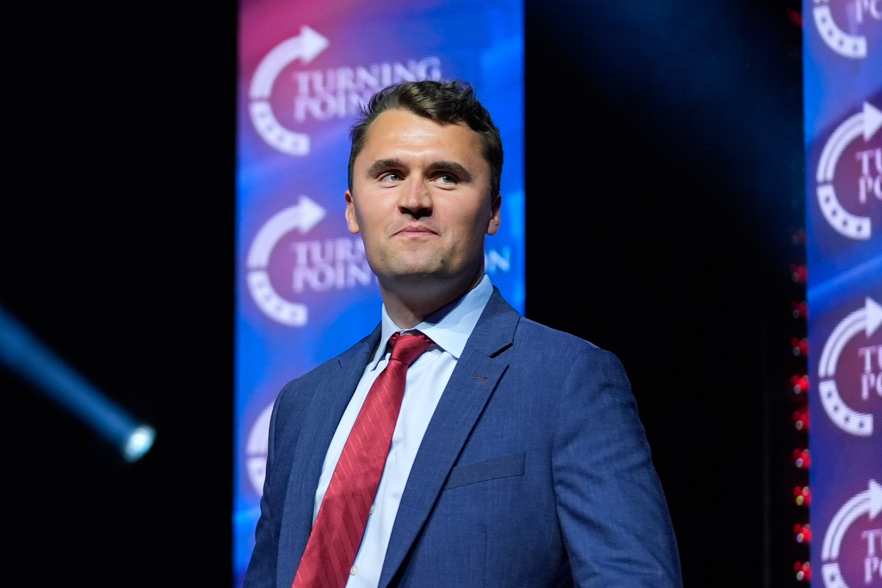 FILE - Turning Point USA Founder Charlie Kirk arrives to speak before Republican presidential nominee former President Donald Trump during a campaign rally at Thomas & Mack Center, Oct. 24, 2024, in Las Vegas.