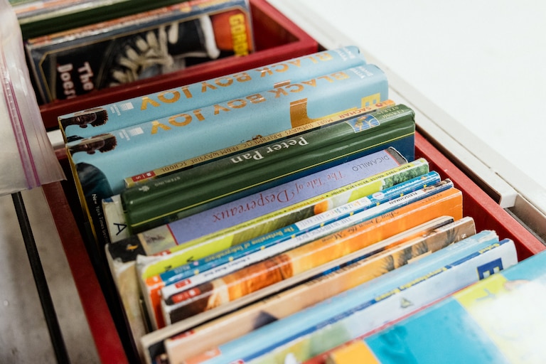 BALTIMORE, MD - DECEMBER 5, 2024: School books at a classroom in KIPP Harmony Academy are seen on December 5, 2024.