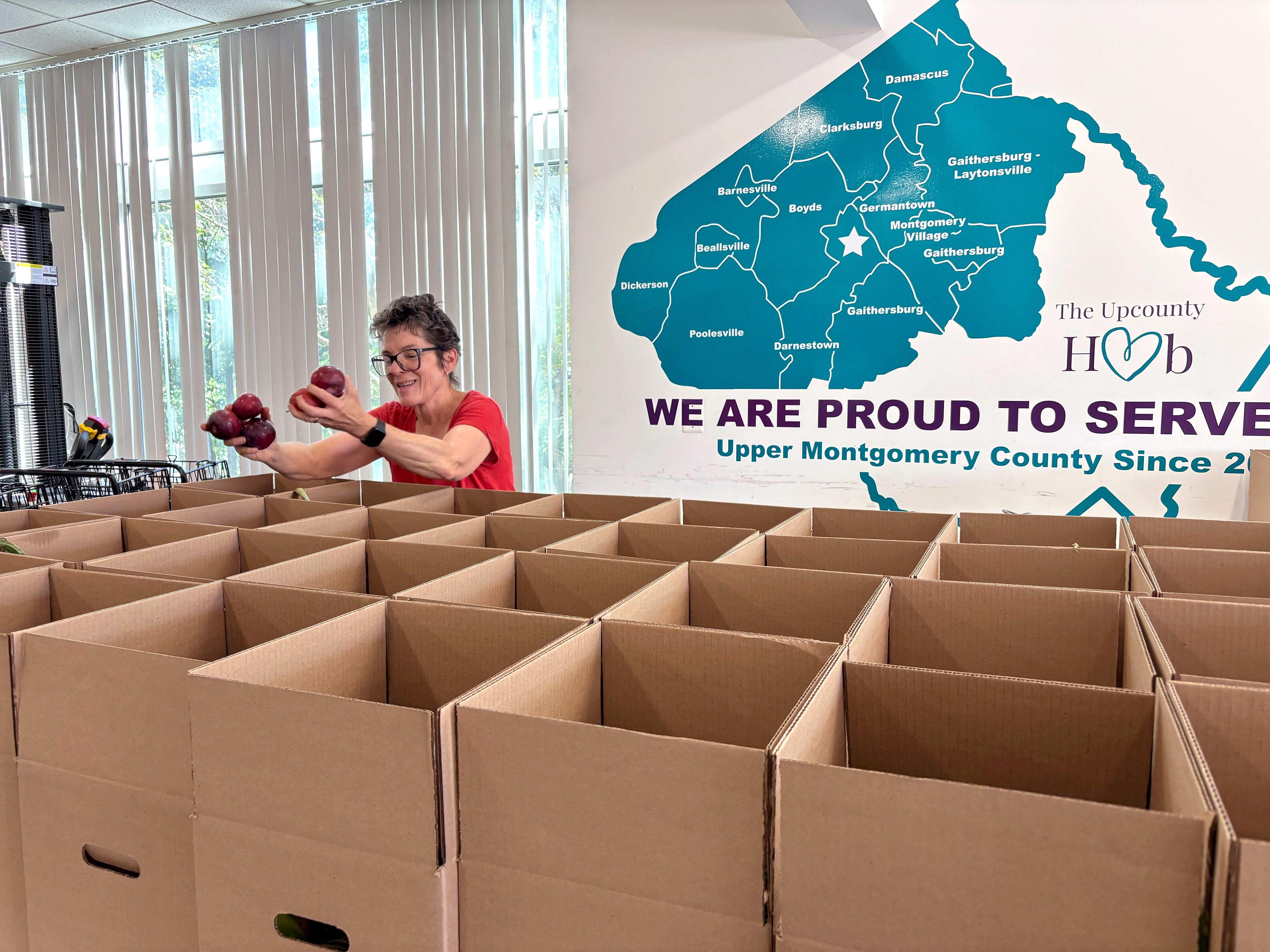 A volunteer at the Upcounty Hub food pantry in Germantown fills boxes of food on Wednesday.