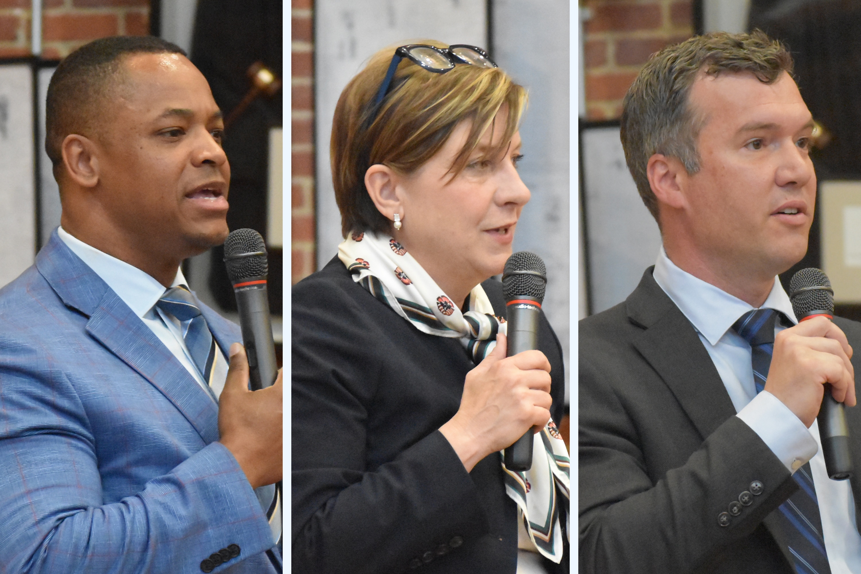 From left, Pete Smith, Allison Pickard, and James Kitchin speak at a candidate forum at the Caucus of African American Leaders of Anne Arundel County meeting on April 14, 2026.