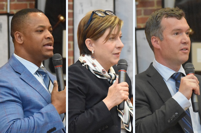 From left, Pete Smith, Allison Pickard, and James Kitchin speak at a candidate forum at the Caucus of African American Leaders of Anne Arundel County meeting on April 14, 2026.
