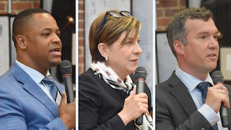 From left, Pete Smith, Allison Pickard, and James Kitchin speak at a candidate forum at the Caucus of African American Leaders of Anne Arundel County meeting on April 14, 2026.
