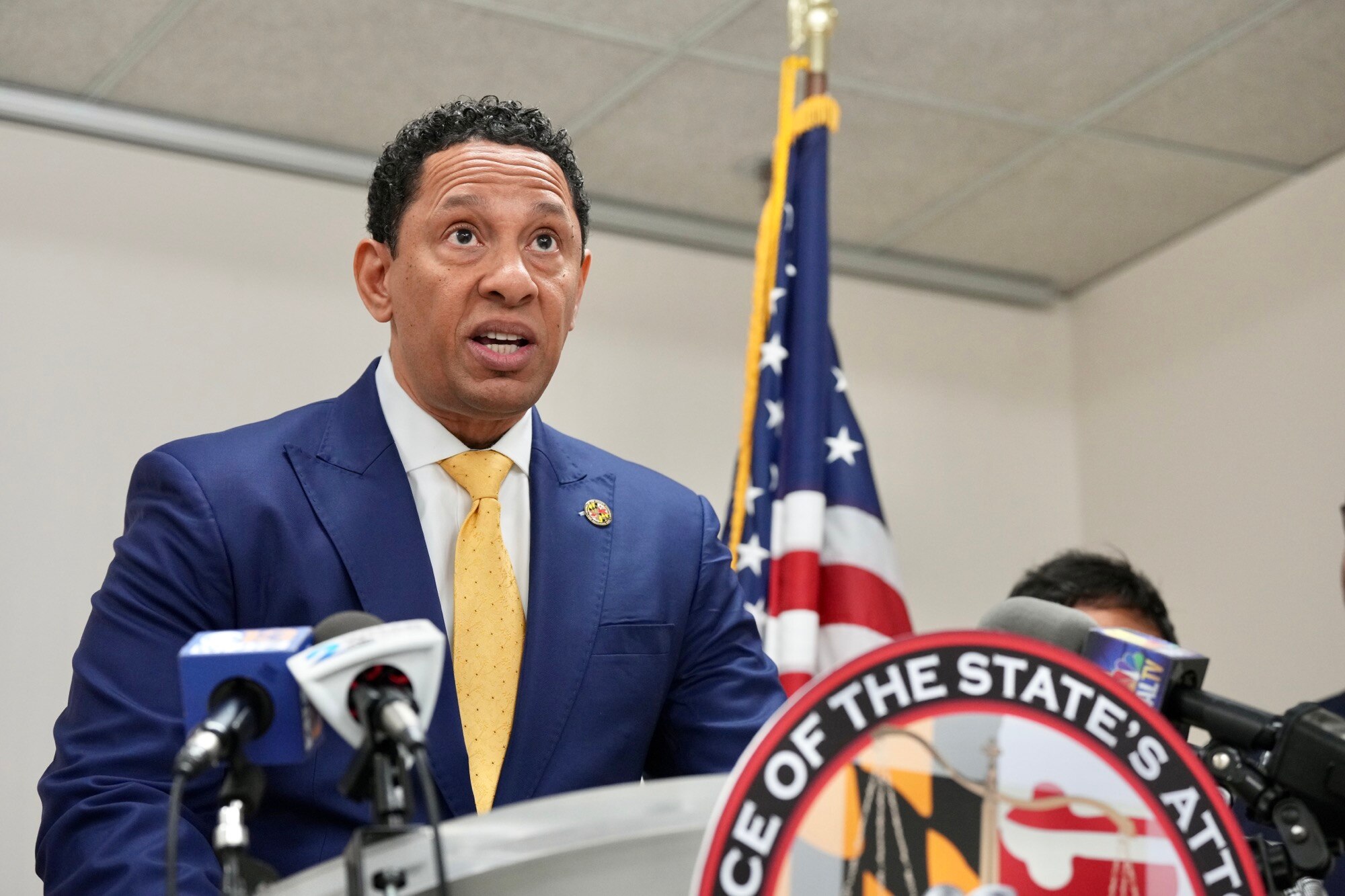 Baltimore State’s Attorney Ivan Bates holds a press conference in March 2023. Bates is one of several state’s attorneys across Maryland working with researchers to analyze and improve access to prosecution data.