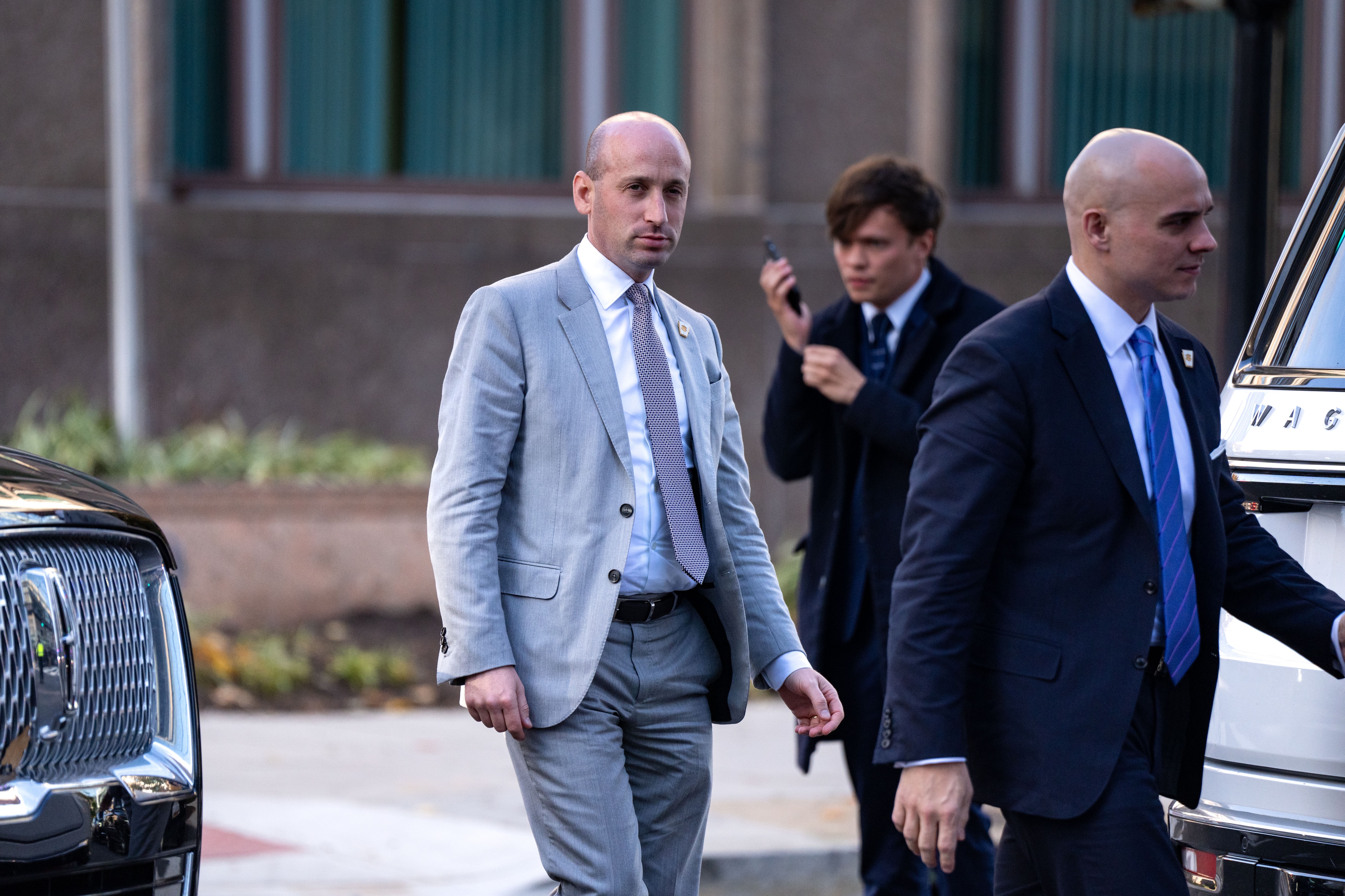 WASHINGTON, DC - NOVEMBER 13: Stephen Miller arrives along with President-elect Donald Trump's motorcade at the Hyatt Regency Capitol Hill on November 13, 2024 in Washington, DC. As both the House and Senate GOP conferences hold their leadership elections, President-elect Donald Trump is in Washington to meet with Congressional Republicans and with President Joe Biden at the White House.