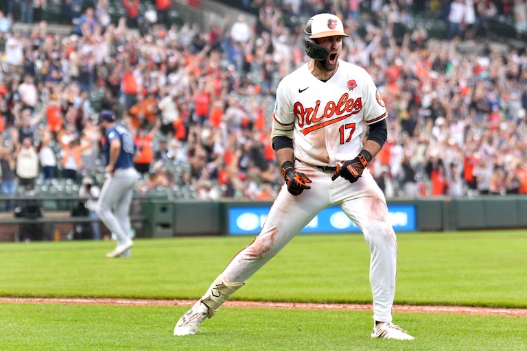 Baltimore Orioles Colton Cowser (17) reacts after hitting the game-winning home run in the 13th inning of Monday's game against the Tampa Bay Rays.