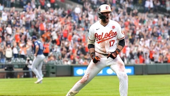 Baltimore Orioles Colton Cowser (17) reacts after hitting the game-winning home run in the 13th inning of Monday's game against the Tampa Bay Rays.