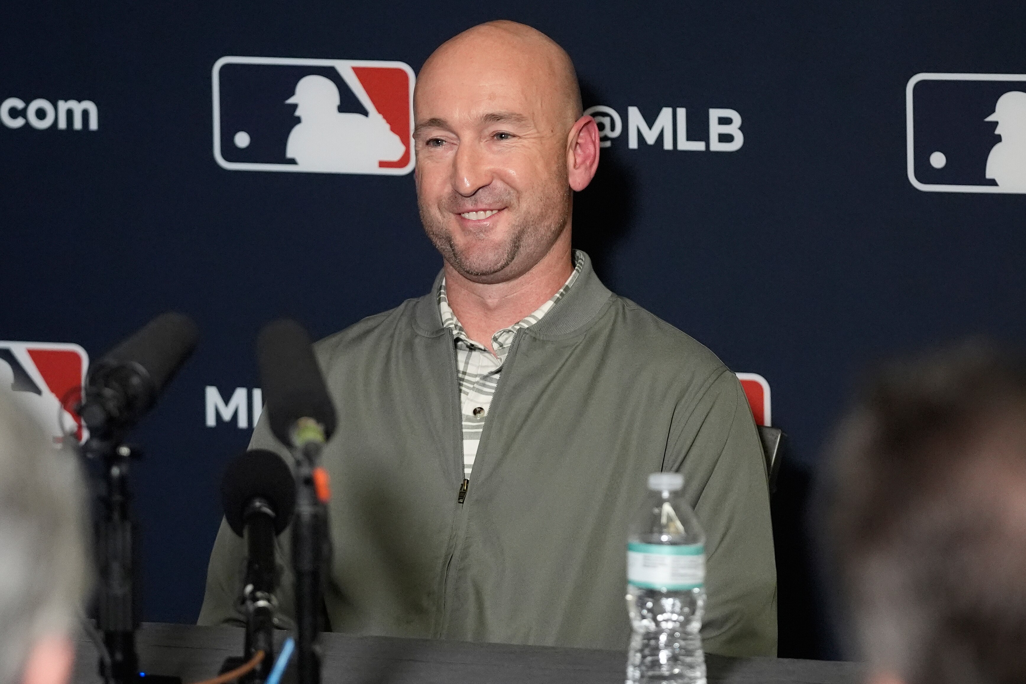Orioles manager Craig Albernaz  speaks during a news conference at the MLB winter meetings on Monday.