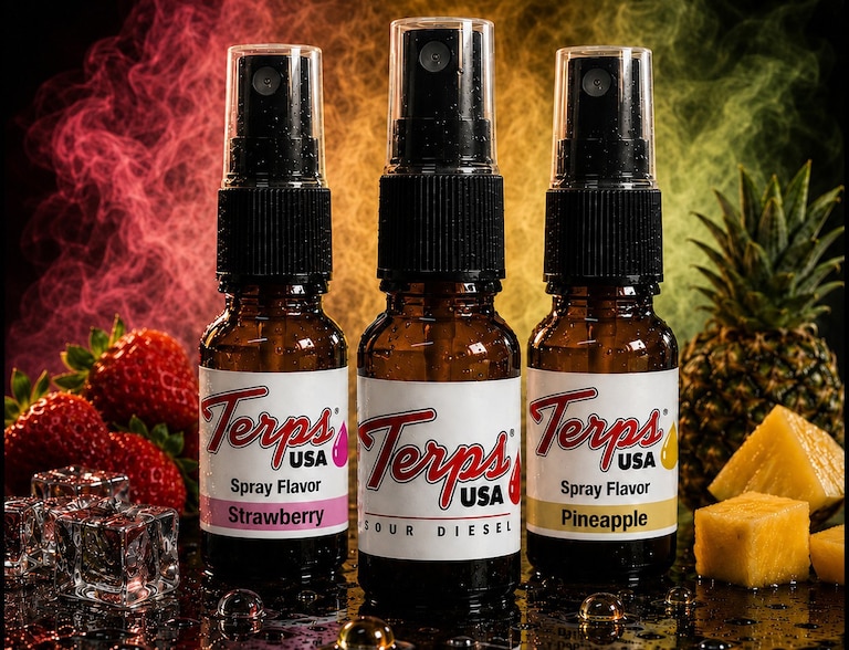 A promotional image for terpene spray brand Terps USA products.