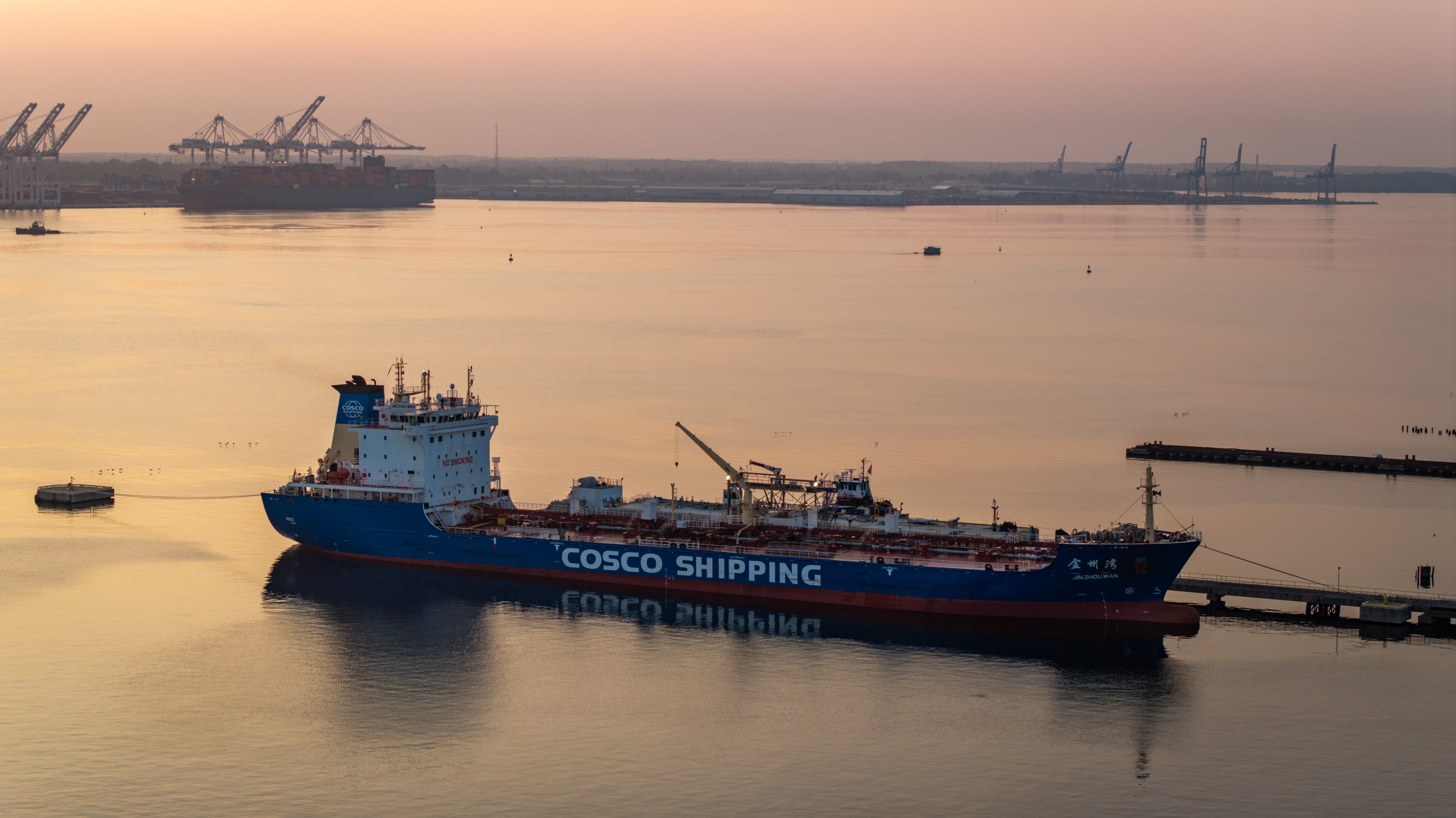 The Jin Zhou Wan, a Chinese asphalt tanker, is seen docked in Baltimore at sunrise Tuesday. 