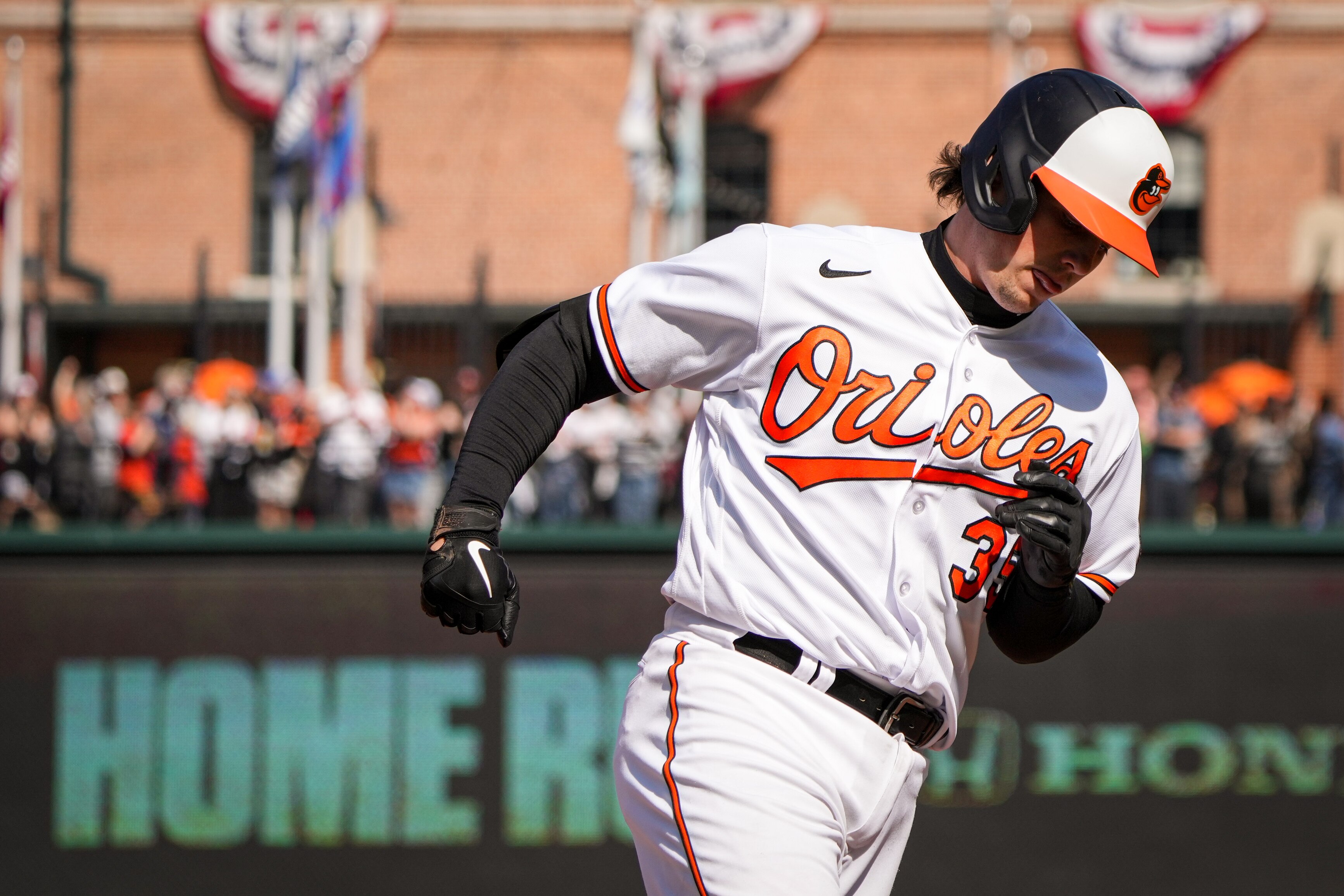 Baltimore Orioles catcher Adley Rutschman (35) jogs to home plate after hitting a solo homer in the eighth inning of a baseball game against the New York Yankees on Sunday, April 9.