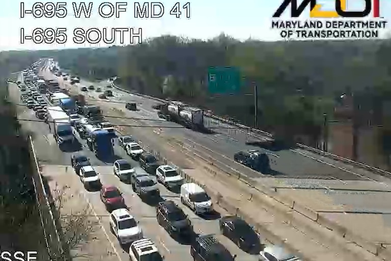 Traffic cameras along I-695 showed cars backed up for several miles following a manure spill on the Baltimore Beltway on Wednesday, April 8.