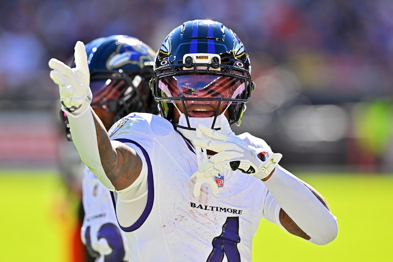 CLEVELAND, OHIO - OCTOBER 18: Zay Flowers #4 of the Baltimore Ravens celebrates a first down against the Cleveland Browns during the fourth quarter of the game at Huntington Bank Field on October 18, 2026 in Cleveland, Ohio. (Photo by Jason Miller/Getty Images)