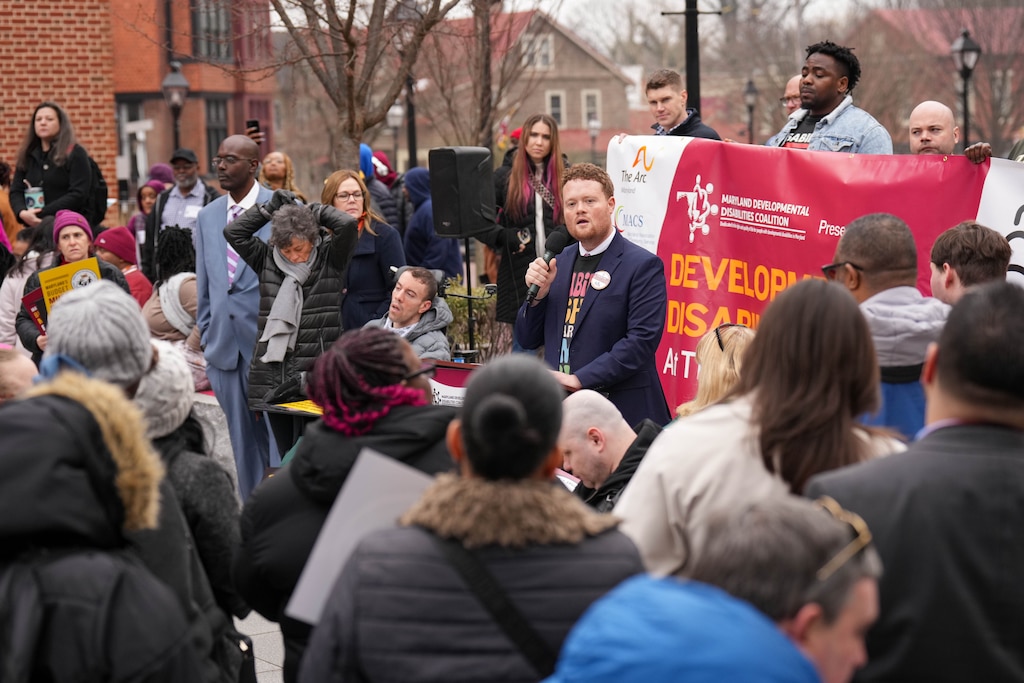 Greg Snyder, vice president of government relations at Maryland Association of Community Services, gives remarks at a rally held by the The Maryland Developmental Disabilities Coalition on Lawyers Mall in Annapolis, Md., on Wednesday, February 18, 2026.