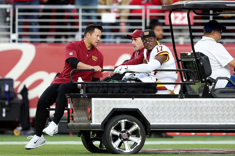 Washington Commanders wide receiver Terry McLaurin is carted off the field after suffering a knee injury against the San Francisco 49ers.