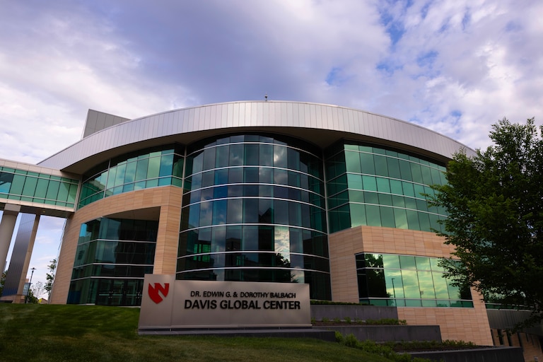 Nebraska Medicine's Davis Global Center is seen on Sunday, May 10, 2026 in Omaha, Neb. where American passengers from the hantavirus-stricken cruise ship will quarantine.