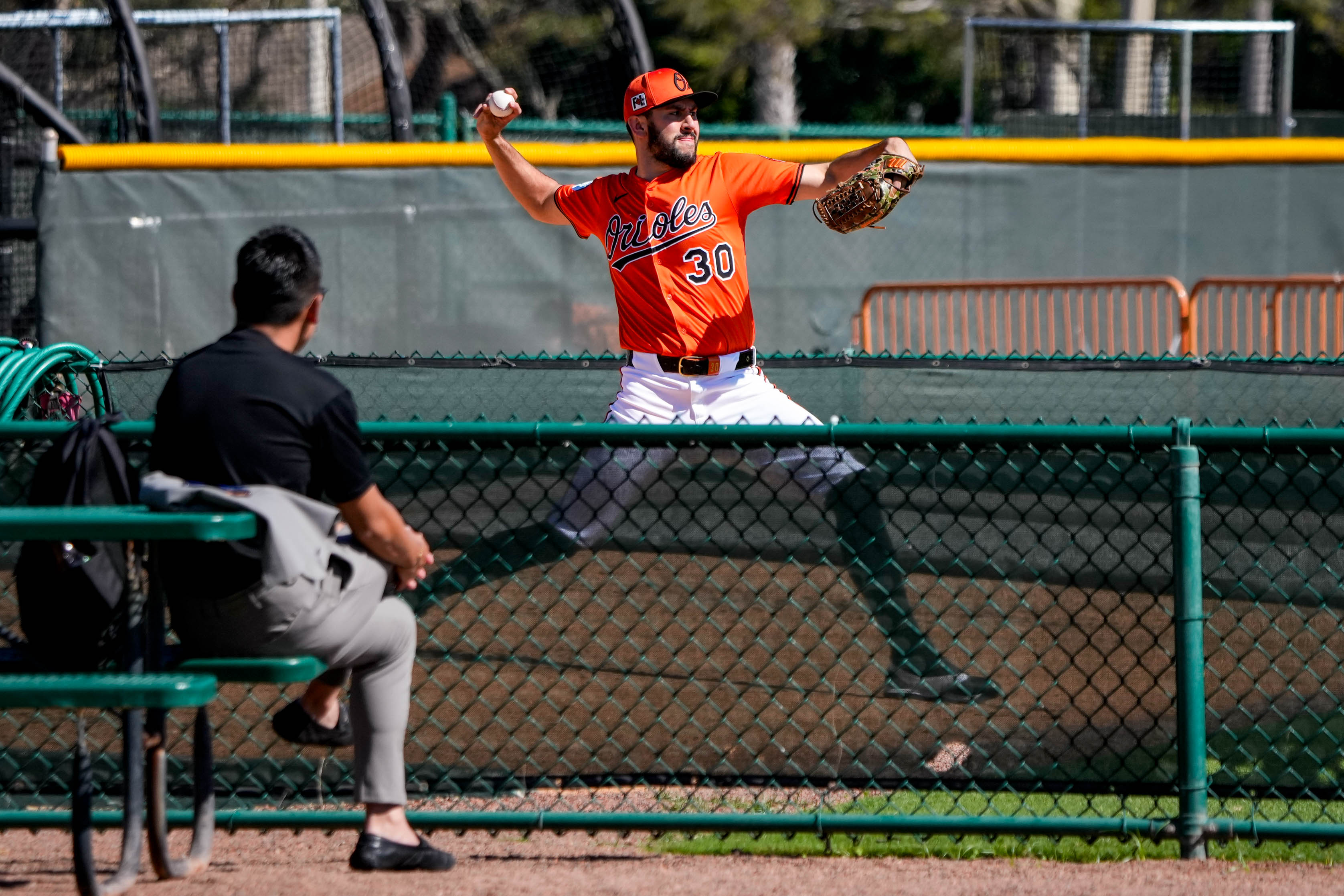 Grayson Rodriguez throws a bullpen session during Spring Training at Ed Smith Stadium in Sarasota, Florida.