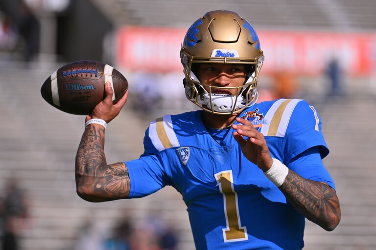 Quarterback Dorian Thompson-Robinson #1 of the UCLA Bruins warms up before his team's game against the Pittsburgh Panthers in the Tony the Tiger Sun Bowl game at Sun Bowl Stadium on December 30, 2022 in El Paso, Texas.