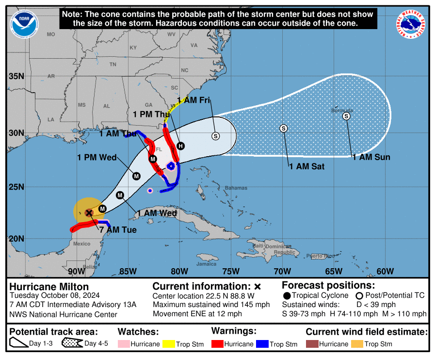 The forecast cone for Hurricane Milton as of Tuesday morning.