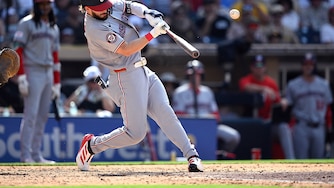 Washington Nationals left fielder Dylan Crews hits a two-run home run against the San Diego Padres during the sixth inning on Sept. 7.