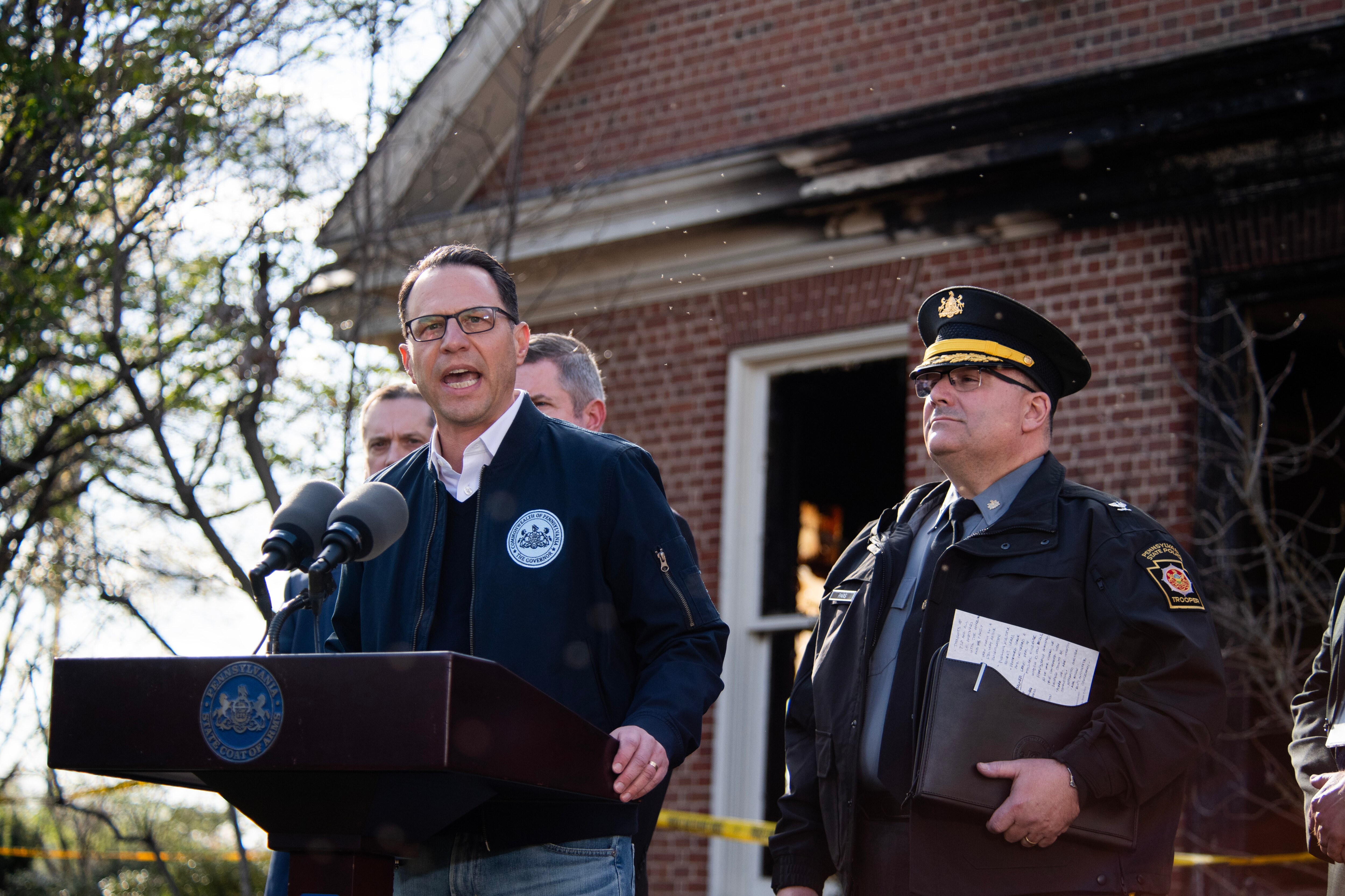 HARRISBURG, PENNSYLVANIA - APRIL 13: Pennsylvania Gov. Josh Shapiro speaks during a press conference outside of the Governor's Mansion after a portion of the property was damaged in an arson fire on April 13, 2025 in Harrisburg, Pennsylvania. Shapiro and his family escaped unharmed and police have a suspect, Cody Balmer, in custody. (Photo by Matthew Hatcher/Getty Images)