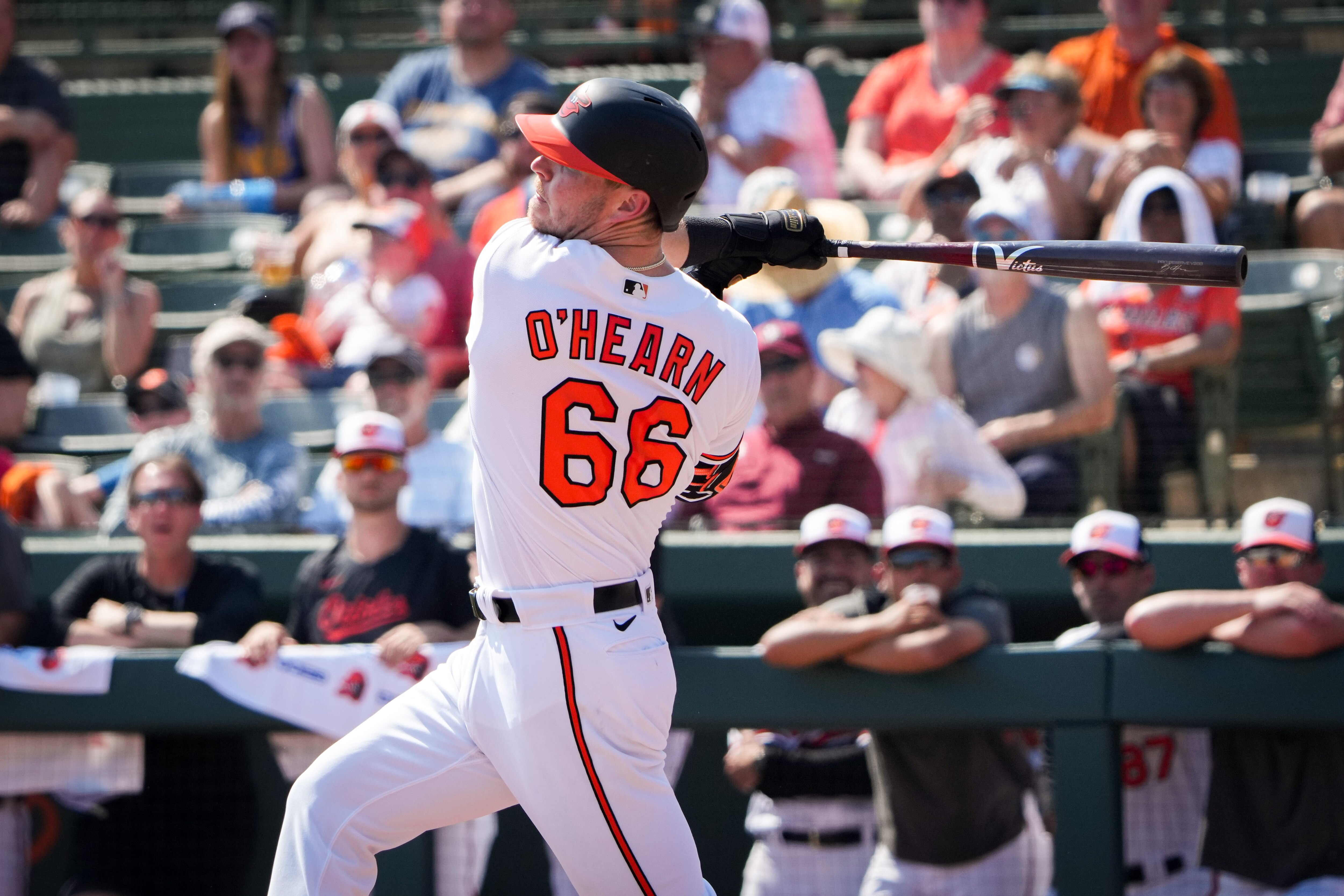Ryan O’Hearn (66) swings for the ball at Ed Smith Stadium during the second inning of a game against the Minnesota Twins on 2/25/23. The Baltimore Orioles hosted the Twins for their home opener as the Florida Grapefruit League started on Saturday.