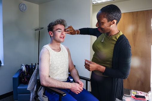 Jesse Kliman, 18, a student from Young Artists of America, gets his makeup done for his role as Ramses before a performance of The Prince of Egypt at Strathmore Music Center in Silver Spring, Md.