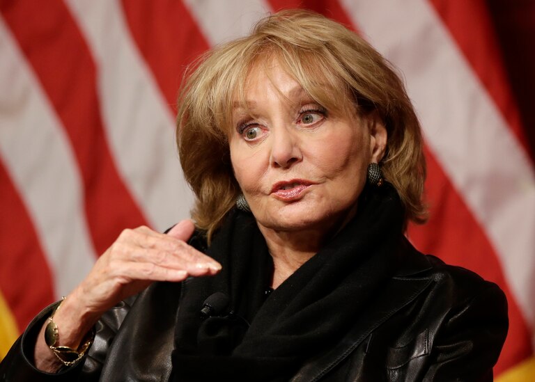 FILE - In this Oct. 7, 2014 file photo, Barbara Walters addresses an audience at the John F. Kennedy School of Government on the campus of Harvard University in Cambridge, Mass. Barbara Walters, the intrepid interviewer, anchor and program host who led the way as the first woman to become a TV news superstar during a network career remarkable for its duration and variety, has died, Friday, Dec. 30, 2022. She was 93.
