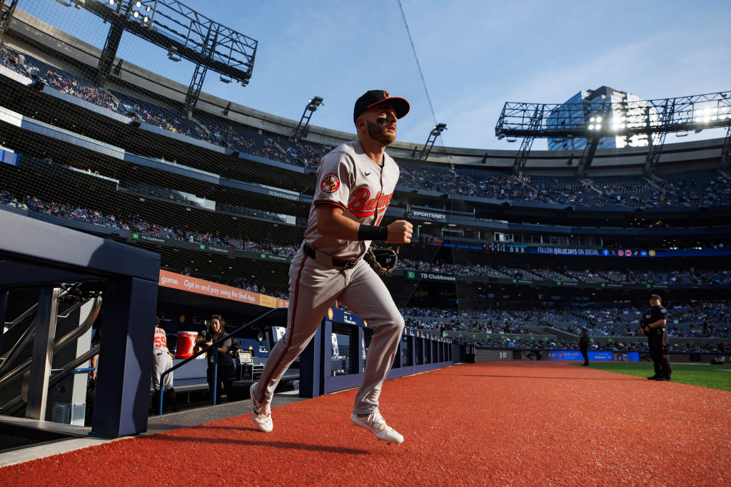 Connor Norby takes the field ahead of his MLB debut against the Toronto Blue Jays on Monday.