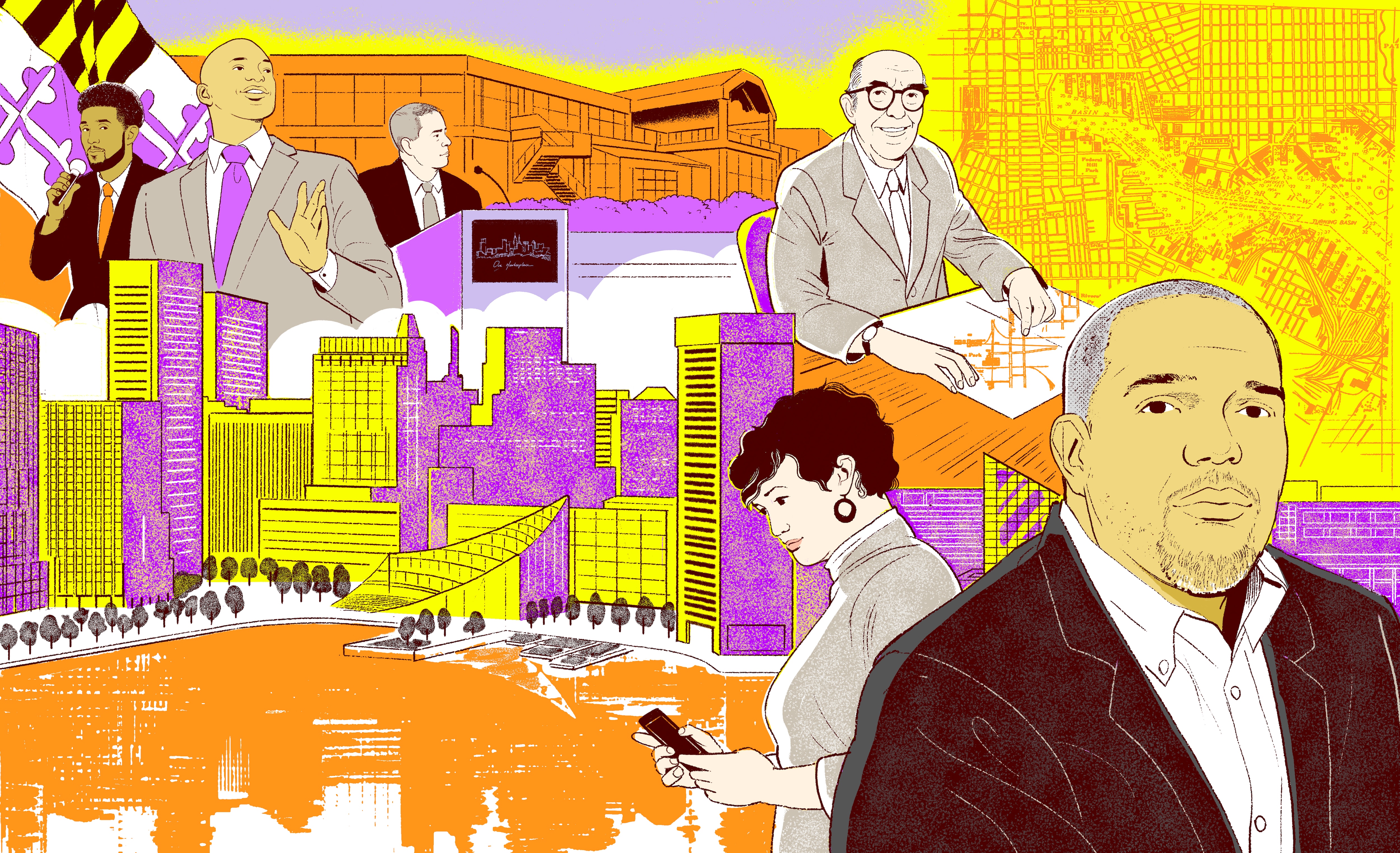 P. David Bramble, right, is leading a $900 million overhaul of Baltimore's Inner Harbor. His vision reimagines Harborplace, built by James Rouse, top right,